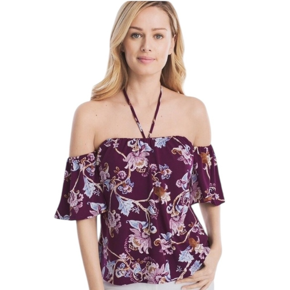 White House Black Market Chic Floral Vine Jersey Road Off Shoulder flirty Blouse